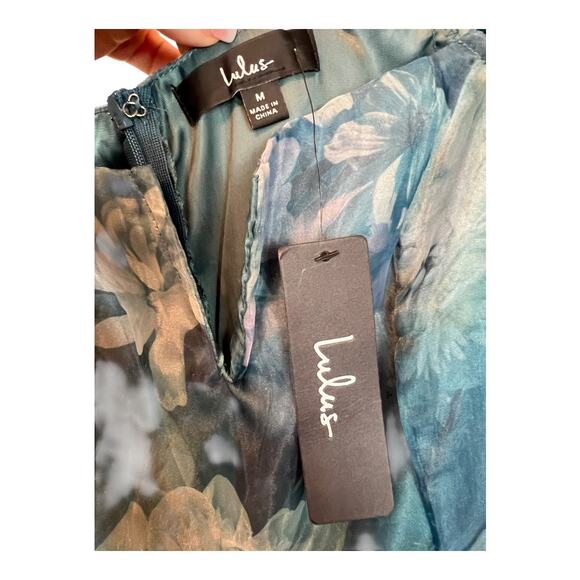 Lulu's Lulus Darling Vision Teal Floral Organza Puff Sleeve Tiered Midi Dress M - Picture 7 of 16